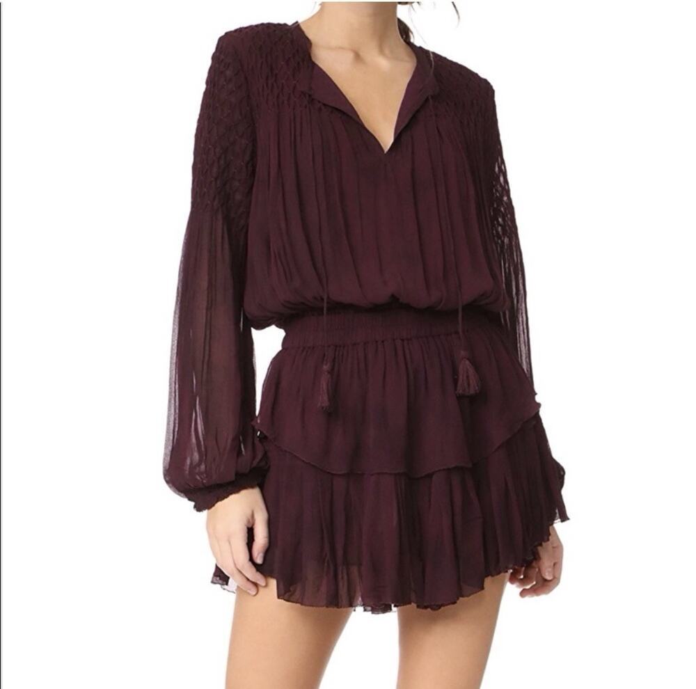 Love Shack Fancy Smocked Popover Mini Dress XS Burgundy Romantic Feminine Chic